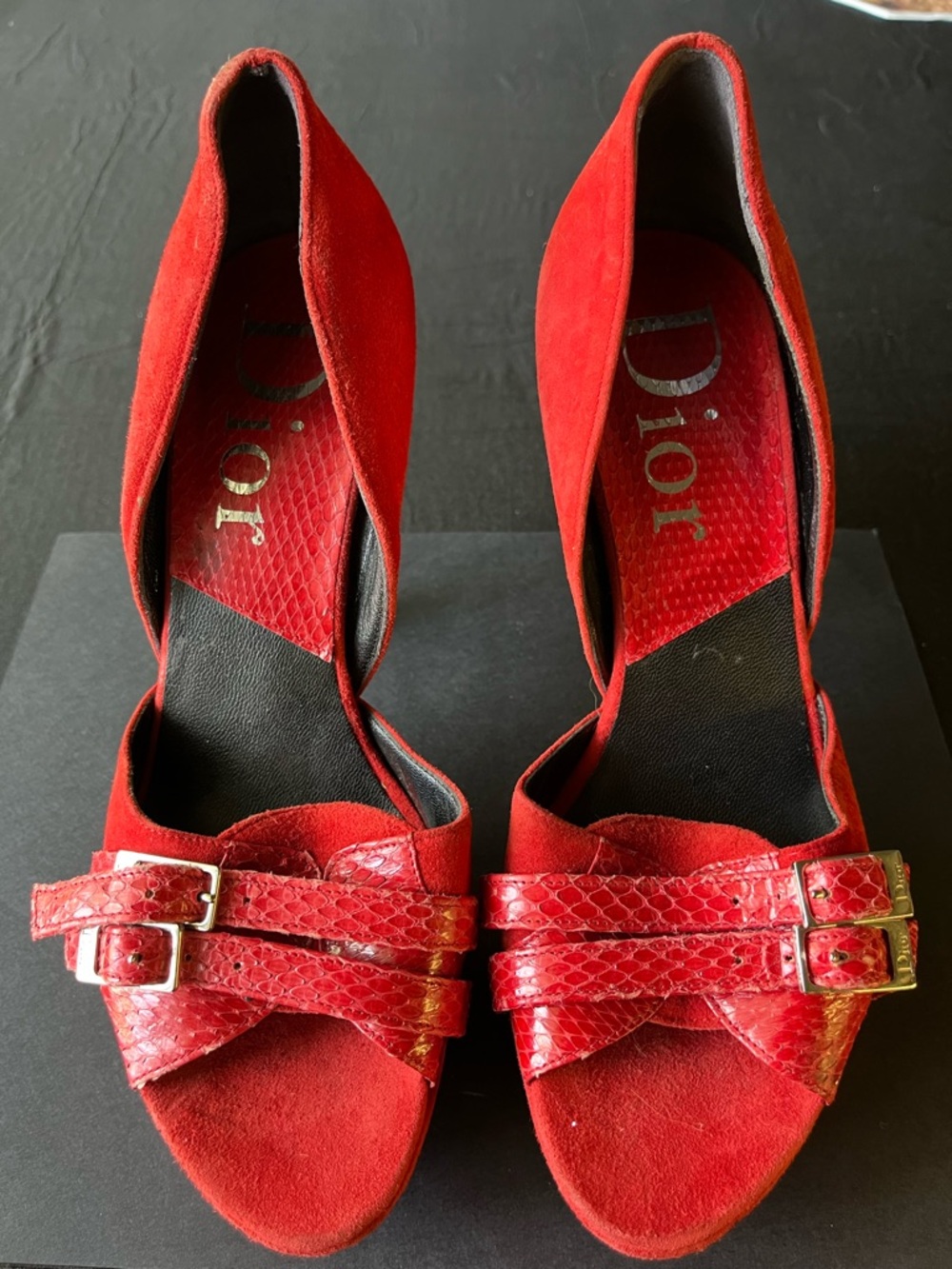Dior Red Suede & Snakeskin Strap Peep-Toe Heels